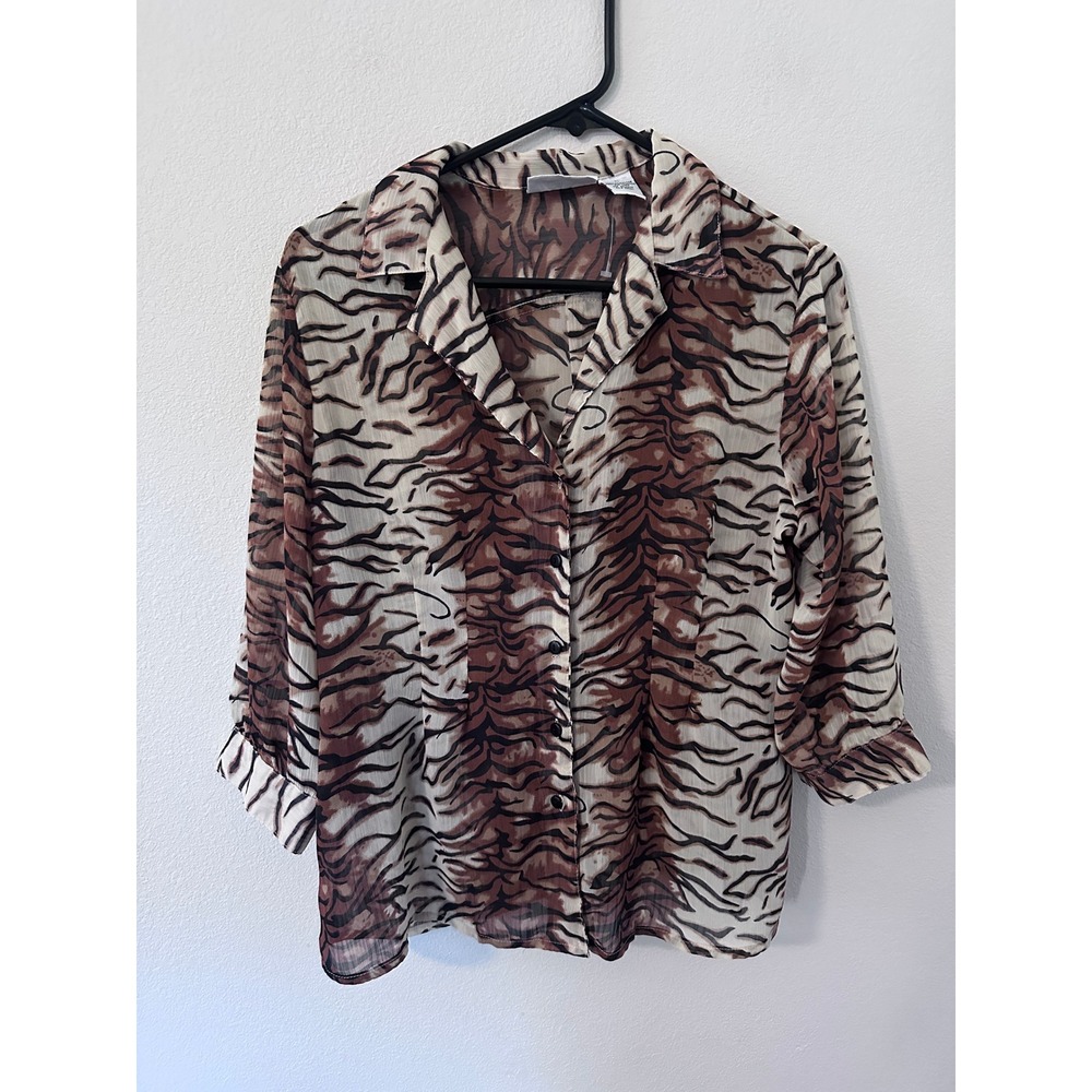 Joanna Button Up Blouse Medium Brown Tiger Animal Print Button Up Sheer Top